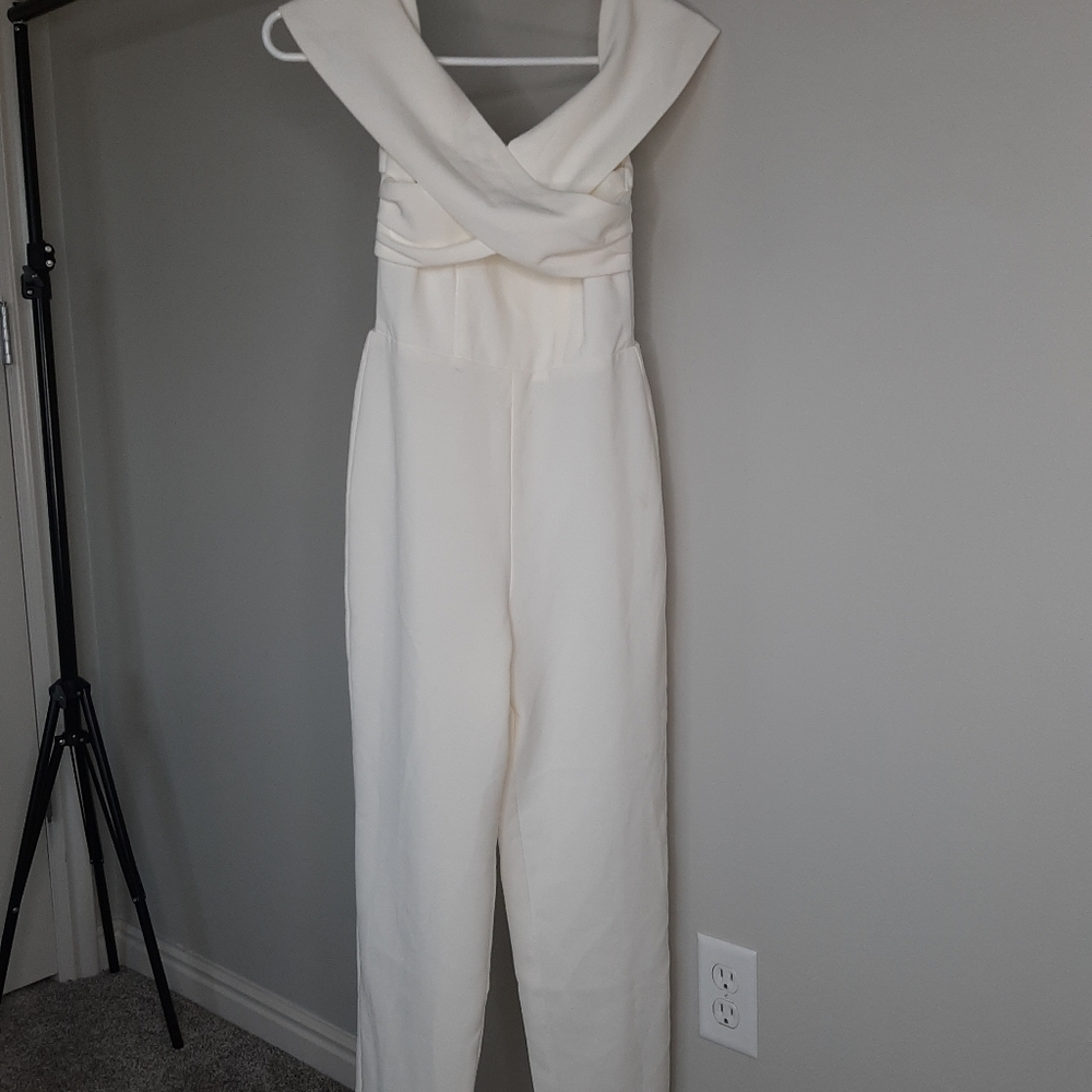 White formal jumpsuits with off shoulder sleeves